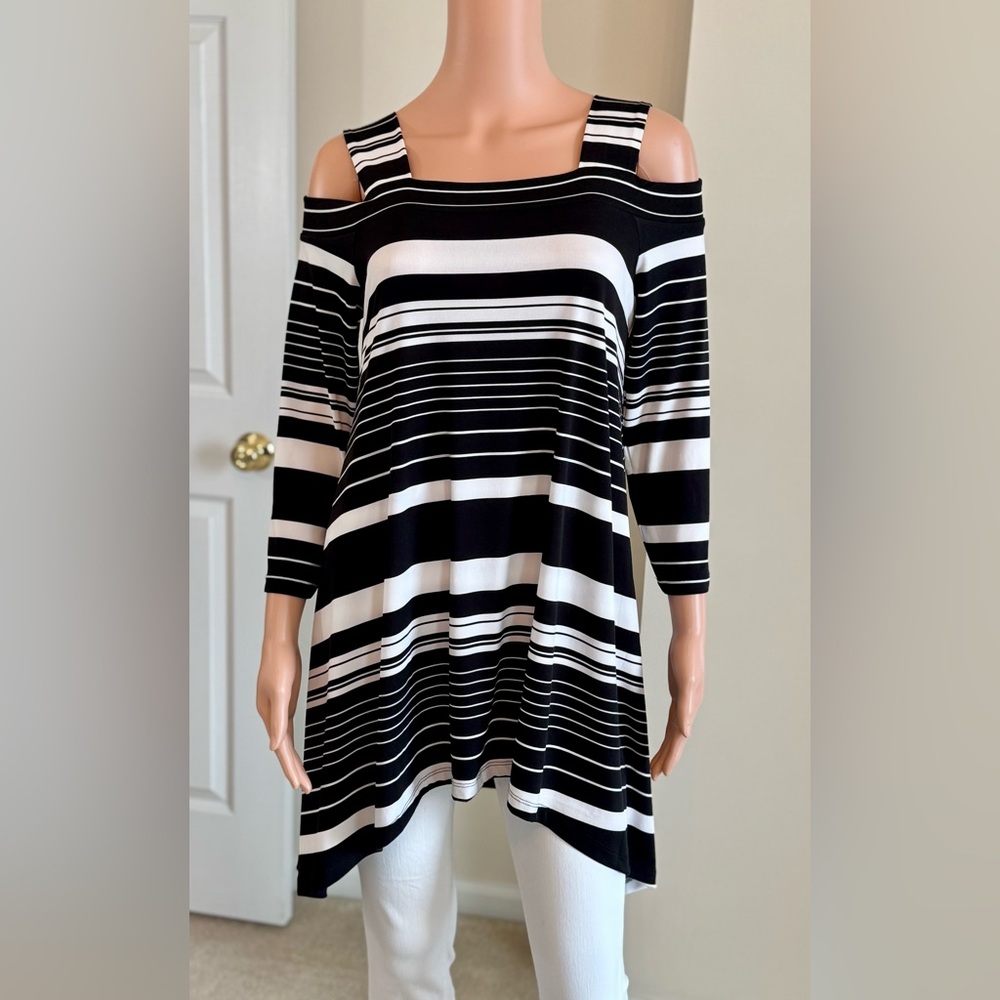 Chico’s Resortwear Beach Vibes Flowy Striped Handkerchief Hem Tunic Top Small